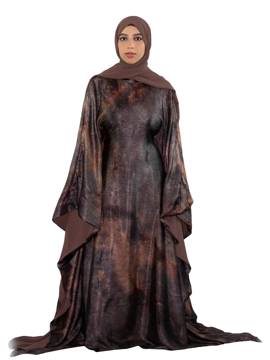 Abaya longue femme avec ceinture – robe modeste effet tie-dye