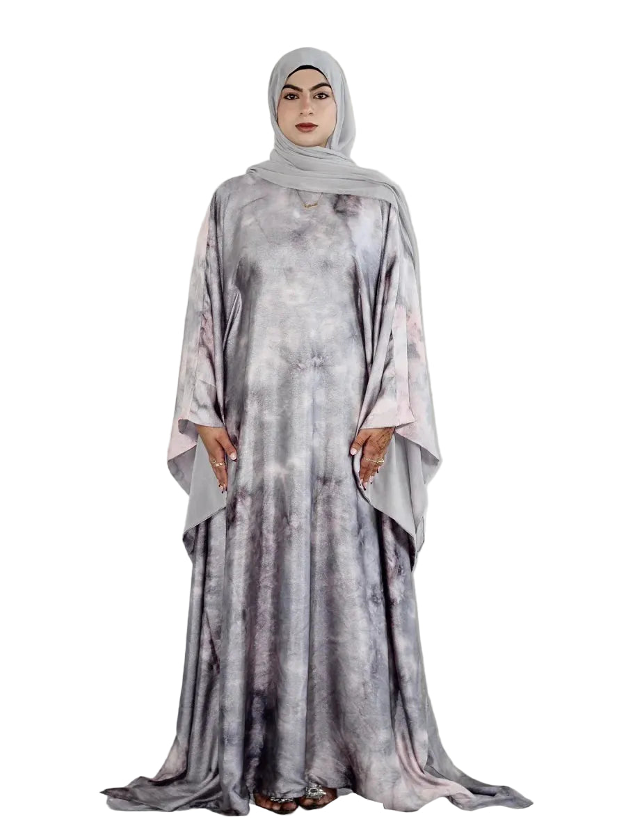 Abaya longue femme avec ceinture – robe modeste effet tie-dye
