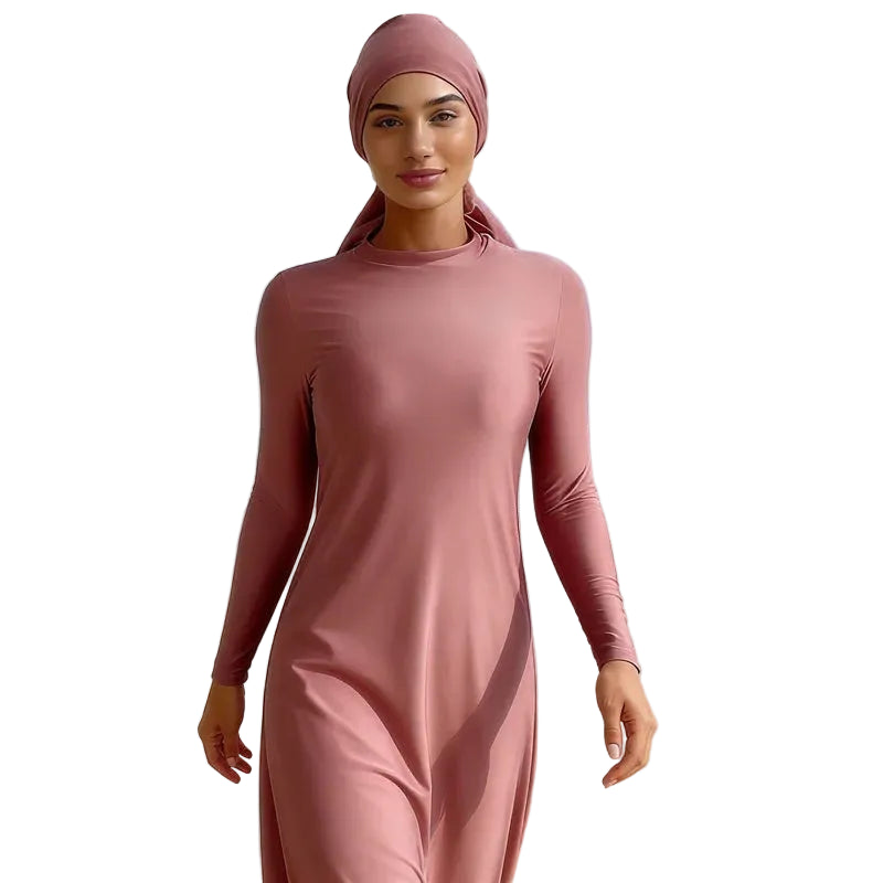 Burkini femme 3 pièces avec hijab – maillot de bain couvrant manches longues rose doux